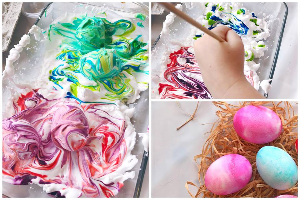 eggs Image is a collage of three pictures. Main picture is a tray of shaving cream with eggs swirled in food dye. Second picture is a child's hand holding a stick and swirling the food dye in shaving cream. Third picture is three eggs dyed in the shaving cream, 2 pink and 1 blue green.