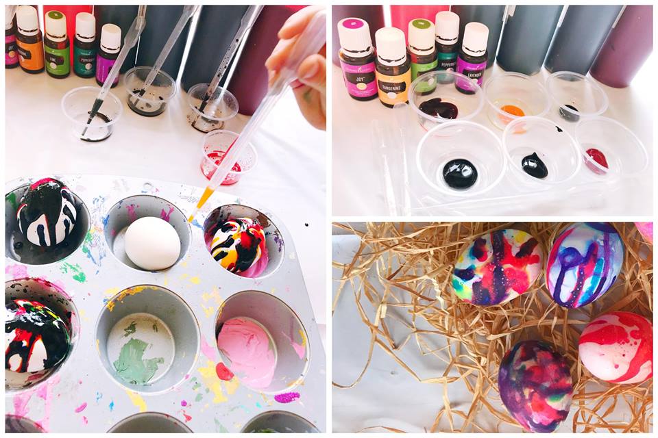 eggs Three photo collage. First photo showing eggs in cupcake tin with dropper applying food dye and oil mixture. Second picture shows gel dye in little containers with row of essential oils. Third picture shows completed drop dyed eggs.