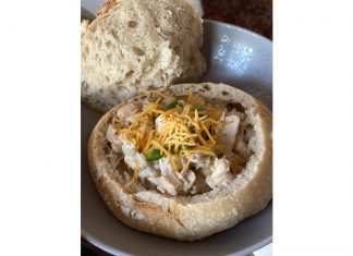 white chicken chili in bread bowl